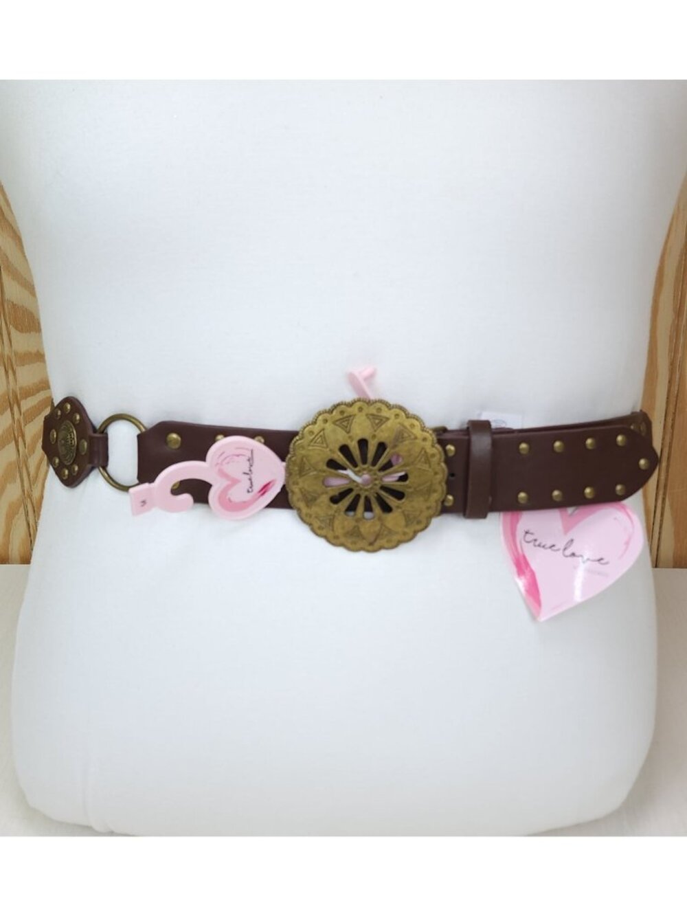 Truelove Brown Brass & Leather Belt with Brass Studs & Buckle L 1 1/2" Wide